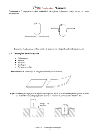 - Fatec - So - Tecnologia de estampagem 1 -
- 7 -
Transpasse – É a operação de corte associada à operação de deformação (enrijecimento em chapas
muito finas).
Exemplos: fuselagem de aviões, painéis de automóveis, brinquedos, eletrodomésticos, etc.
1.2 - Operações de deformação
• Dobramento
• Repuxo
• Extrusão
• Cunhagem
• Forjamento à frio
Dobramento - É a mudança de direção da orientação do material.
Repuxo - Obtenção de peças ocas a partir de chapas ou placas planas devido à penetração do material
na matriz forçada pelo punção (Ex. lataria de automóvel, copo de filtro de óleo, etc).
 