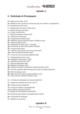 - Fatec - So - Tecnologia de estampagem -
- 103 -
Apêndice I
6 - Simbologia de Estampagem
e = Espessura da chapa (mm)
u = Distância entre os pontos de contato da peça com a matriz e o punção(mm)
l = Comprimento da tira (mm)
s = Espaçamento entre peça e borda (mm)
n = Número de peças por metro.
a = Avanço ou passo(mm)
f = Folga entre punção e matriz (mm)
la = Abertura da matriz(mm)
lb = Comprimento da dobra.(mm)
d1 = Diâmetro da peça repuxada (repuxo cilíndrico) (mm)
h1 = Altura do repuxo (mm)
m = Coeficiente de repuxo para 1° operação
m1= Coeficiente de repuxo para demais operações
B = Largura da fita (mm)
Ac = Área de corte (secção resistiva de corte) (mm²)
Acp = Área da cabeça do punção (mm²)
Fc = Forca de corte em tesoura guilhotina (kgf)
L = Comprimento de corte ( mm)
Ap = Superfície total da peça ( mm²)
At = Superfície total da tira ( mm²)
P = Força de dobramento (kgf)
D = Diâmetro do blanque (mm)
Da = Diâmetro adotado considerando usinagem posterior (mm)
Pe = Pressão específica dimensionada para a placa de choque (kgf/mm²)
R = Raio do blanque (mm)
Ri = Raio interno do repuxo (método analítico) (mm)
Li = Altura do reuxo (método analítico) (mm)
τcis = Tensão de cisalhamento do material (kgf/mm²)
λ = Ângulo de inclinação da faca de corte (°)
σƒ = Tensão de flexão.(kgf/mm²)
σr = Tensão de ruptura a tração(kgf/mm²)
J min = Menor momento de inércia
E = Módulo de elasticidade do material(Pa)
ε = Coeficiente para dobras com planificação de fundo
µ = Coeficiente de inclinação
ω = Módulo de resistência.
Apêndice II
 