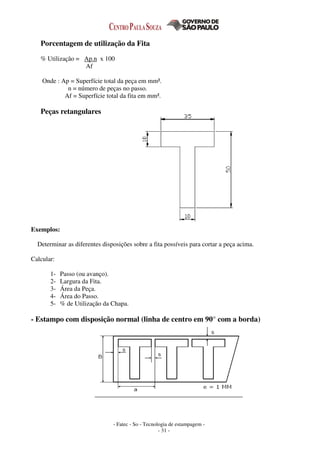 - Fatec - So - Tecnologia de estampagem -
- 31 -
Porcentagem de utilização da Fita
% Utilização = Ap.n x 100
Af
Onde : Ap = Superfície total da peça em mm².
n = número de peças no passo.
Af = Superfície total da fita em mm².
Peças retangulares
Exemplos:
Determinar as diferentes disposições sobre a fita possíveis para cortar a peça acima.
Calcular:
1- Passo (ou avanço).
2- Largura da Fita.
3- Área da Peça.
4- Área do Passo.
5- % de Utilização da Chapa.
- Estampo com disposição normal (linha de centro em 90° com a borda)
 