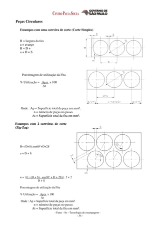 - Fatec - So - Tecnologia de estampagem -
- 34 -
Peças Circulares
Estampos com uma carreira de corte (Corte Simples)
B = largura da tira
a = avanço
B = D +
a + D + S
Porcentagem de utilização da Fita
% Utilização = Ap.n x 100
At
Onde : Ap = Superfície total da peça em mm².
n = número de peças no passo.
At = Superfície total da fita em mm².
Estampos com 2 carreiras de corte
(Zig-Zag)
B= (D+S).sen60°+D+2S
a + D + S
n = [(l - (D + S) . sen30° + D + 2S)] . 2 + 2
D + S
Porcentagem de utilização da Fita
% Utilização = Ap.n x 100
At
Onde : Ap = Superfície total da peça em mm².
n = número de peças no passo.
At = Superfície total da fita em mm².
 