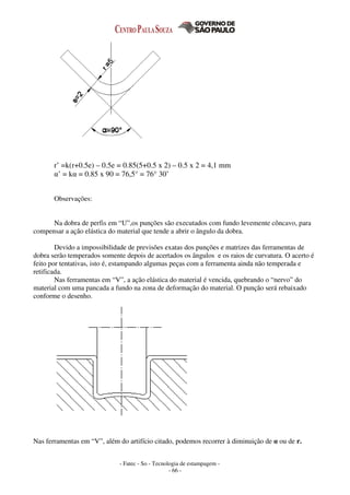 - Fatec - So - Tecnologia de estampagem -
- 66 -
r’ =k(r+0.5e) – 0.5e = 0.85(5+0.5 x 2) – 0.5 x 2 = 4,1 mm
α’ = kα = 0.85 x 90 = 76,5° = 76° 30’
Observações:
Na dobra de perfis em “U”,os punções são executados com fundo levemente côncavo, para
compensar a ação elástica do material que tende a abrir o ângulo da dobra.
Devido a impossibilidade de previsões exatas dos punções e matrizes das ferramentas de
dobra serão temperados somente depois de acertados os ângulos e os raios de curvatura. O acerto é
feito por tentativas, isto é, estampando algumas peças com a ferramenta ainda não temperada e
retificada.
Nas ferramentas em “V”, a ação elástica do material é vencida, quebrando o “nervo” do
material com uma pancada a fundo na zona de deformação do material. O punção será rebaixado
conforme o desenho.
Nas ferramentas em “V”, além do artifício citado, podemos recorrer à diminuição de α ou de r.
 