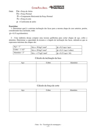 - Fatec - So - Tecnologia de estampagem -
- 17 -
Onde: Fat = Força de Atrito
Fn = Força Normal
Ft = Componente Horizontal da Força Normal
Fc = Força d corte
µ = Coeficiente de atrito
Exercícios:
1- Determinar qual é a máxima inclinação das facas para a mesma chapa do caso anterior, porém,
considerando faca inclinada, onde:
µ = 0,15 (aço/alumínio).
2 - Uma indústria deseja comprar uma tesoura guilhotina para cortar chapas de aço, cobre e
alumínio. Determinar a capacidade da tesoura e o ângulo de inclinação das facas, sabendo-se que as
espessuras máximas das chapas são:
Aço – 1” τcis = 30 kgf / mm² µ = 0,2 (aço / aço)
Cobre – 1 1/2” τcis = 20 kgf / mm² µ = 0,11 (aço / cobre)
Alumínio - 2” τcis = 17 kgf / mm² µ = 0,15 (aço / Al)
Cálculo da inclinação da faca
Aço Cobre Alumínio
Cálculo da força de corte
Aço Cobre Alumínio
 