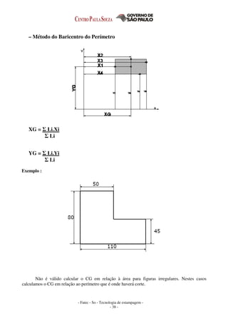 - Fatec - So - Tecnologia de estampagem -
- 38 -
– Método do Baricentro do Perímetro
XG = Σ Li.Xi
Σ Li
YG = Σ Li.Yi
Σ Li
Exemplo :
Não é válido calcular o CG em relação à área para figuras irregulares. Nestes casos
calculamos o CG em relação ao perímetro que é onde haverá corte.
 