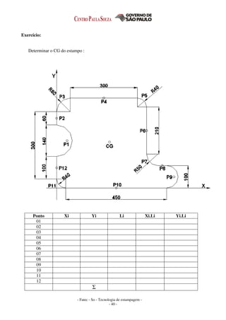 - Fatec - So - Tecnologia de estampagem -
- 40 -
Exercício:
Determinar o CG do estampo :
Ponto Xi Yi Li Xi.Li Yi.Li
01
02
03
04
05
06
07
08
09
10
11
12
Σ
 