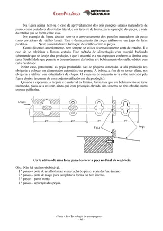 - Fatec - So - Tecnologia de estampagem -
- 46 -
Na figura acima tem-se o caso de aproveitamento dos dois punções laterais marcadores de
passo, como cortadores do retalho lateral, e um terceiro de forma, para separação das peças, e corte
do retalho que se forma entre elas.
No exemplo da figura abaixo tem-se o aproveitamento dos punções marcadores de passo
como cortadores de retalho lateral. Para o destacamento das peças utilizou-se um jogo de facas
paralelas. Neste caso não houve formação de retalhos entre as peças.
Como dissemos anteriormente, nem sempre se utiliza sistematicamente corte de retalho. É o
caso de se rebobinar a lâmina cortada. Este método de alimentação com material bobinado
subentende que se deseje alta produção, e que o material e a sua espessura conferem a lâmina uma
certa flexibilidade que permita o desenrolamento da bobina e o bobinamento do retalho obtido com
certa facilidade.
Neste caso, geralmente, as peças produzidas são de pequena dimensão. A alta produção nos
obrigaria a colocar um alimentador automático na prensa. A bobina, a fim de se tornar plana, nos
obrigaria a utilizar uma estreitadora de chapas. O esquema de conjunto seria então indicado pela
figura abaixo (esquema de um conjunto utilizado em alta produção).
Quando a espessura, a largura e o material da lâmina, forem tais que um bobinamento se torne
incomodo, passa-se a utilizar, ainda que com produção elevada, um sistema de tiras obtidas numa
tesoura guilhotina.
Corte utilizando uma faca para destacar a peça no final da seqüência
Obs.: Não há retalho rebobinável.
1 º passo – corte do retalho lateral e marcação do passo. corte do furo interno
2 º passo – corte do rasgo para completar a forma do furo interno.
3 º passo – passo morto.
4 º passo – separação das peças.
 