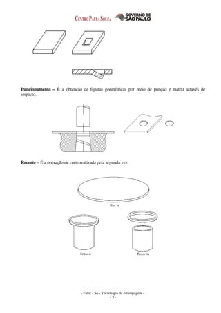 - Fatec - So - Tecnologia de estampagem -
- 5 -
Puncionamento – É a obtenção de figuras geométricas por meio de punção e matriz através de
impacto.
Recorte – É a operação de corte realizada pela segunda vez.
 