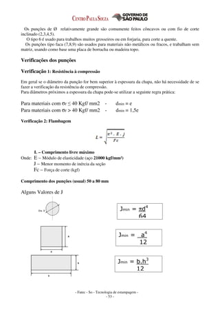 - Fatec - So - Tecnologia de estampagem -
- 53 -
Os punções de Ø relativamente grande são comumente feitos côncavos ou com fio de corte
inclinado (2,3,4,5).
O tipo 6 é usado para trabalhos muitos grosseiros ou em forjaria, para corte a quente.
Os punções tipo faca (7,8,9) são usados para materiais não metálicos ou fracos, e trabalham sem
matriz, usando como base uma placa de borracha ou madeira topo.
Verificações dos punções
Verificação 1: Resistência à compressão
Em geral se o diâmetro da punção for bem superior à espessura da chapa, não há necessidade de se
fazer a verificação da resistência de compressão.
Para diâmetros próximos a espessura da chapa pode-se utilizar a seguinte regra prática:
Para materiais com σr ≤ 40 Kgf/ mm2 - dmin = e
Para materiais com σr > 40 Kgf/ mm2 - dmin = 1,5e
Verificação 2: Flambagem
L – Comprimento livre máximo
Onde: E – Módulo de elasticidade (aço 21000 kgf/mm²)
J – Menor momento de inércia da seção
Fc – Força de corte (kgf)
Comprimento dos punções (usual) 50 a 80 mm
Alguns Valores de J
Jmin = πd4
64
Jmin = _a4
12
Jmin = b.h3
12
 