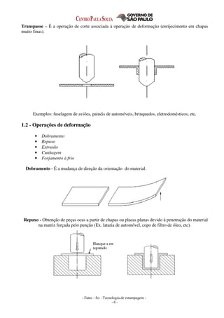 - Fatec - So - Tecnologia de estampagem -
- 6 -
Transpasse – É a operação de corte associada à operação de deformação (enrijecimento em chapas
muito finas).
Exemplos: fuselagem de aviões, painéis de automóveis, brinquedos, eletrodomésticos, etc.
1.2 - Operações de deformação
• Dobramento
• Repuxo
• Extrusão
• Cunhagem
• Forjamento à frio
Dobramento - É a mudança de direção da orientação do material.
Repuxo - Obtenção de peças ocas a partir de chapas ou placas planas devido à penetração do material
na matriz forçada pelo punção (Ex. lataria de automóvel, copo de filtro de óleo, etc).
 