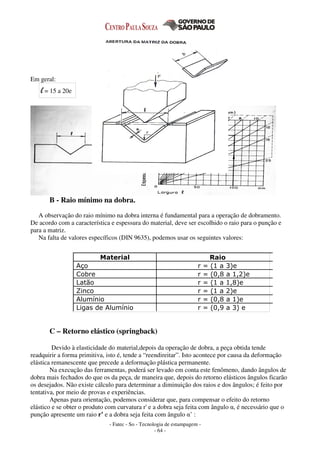 - Fatec - So - Tecnologia de estampagem -
- 64 -
Em geral:
l = 15 a 20e
B - Raio mínimo na dobra.
A observação do raio mínimo na dobra interna é fundamental para a operação de dobramento.
De acordo com a característica e espessura do material, deve ser escolhido o raio para o punção e
para a matriz.
Na falta de valores específicos (DIN 9635), podemos usar os seguintes valores:
C – Retorno elástico (springback)
Devido à elasticidade do material,depois da operação de dobra, a peça obtida tende
readquirir a forma primitiva, isto é, tende a “reendireitar”. Isto acontece por causa da deformação
elástica remanescente que precede a deformação plástica permanente.
Na execução das ferramentas, poderá ser levado em conta este fenômeno, dando ângulos de
dobra mais fechados do que os da peça, de maneira que, depois do retorno elásticos ângulos ficarão
os desejados. Não existe cálculo para determinar a diminuição dos raios e dos ângulos; é feito por
tentativa, por meio de provas e experiências.
Apenas para orientação, podemos considerar que, para compensar o efeito do retorno
elástico e se obter o produto com curvatura r' e a dobra seja feita com ângulo α, é necessário que o
punção apresente um raio r’ e a dobra seja feita com ângulo α’ :
Material Raio
Aço r = (1 a 3)e
Cobre r = (0,8 a 1,2)e
Latão r = (1 a 1,8)e
Zinco r = (1 a 2)e
Alumínio r = (0,8 a 1)e
Ligas de Alumínio r = (0,9 a 3) e
 