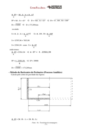 - Fatec - So - Tecnologia de estampagem -
- 77 -
π . D² = 4π . d1 . h1 + π . d1²
4 4
D² = 4d1 . h1 + d1² D = √4d1 . h1 + d1² D = √4 . 100 . 50 + 100²
D = √30000 D = 173,205mm
ou ainda:
S = π . d1 . h1 + π . d1² S = π .100 . 50 + π .100²
4 4
S = 15707,96 + 7853,98
S = 23561,94 como S = π x D²
4
então temos:
π . D² = 23561,94 π . D² = 4 . 23561,94
4
D² = 4 . 23561,94 D² = 30000
π
D = √30000 = 173,205mm
- Método do Baricentro do Perímetro (Processo Analítico)
Calculo pelo centro de gravidade das figuras:
π . D² = 2π . R1 . L1 + 2π . R2 . L2
 