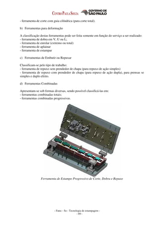 - Fatec - So - Tecnologia de estampagem -
- 89 -
- ferramenta de corte com guia cilíndrica (para corte total).
b) Ferramentas para deformação
A classificação destas ferramentas pode ser feita somente em função do serviço a ser realizado:
- ferramenta de dobra em V, U ou L;
- ferramenta de enrolar (extremo ou total)
- ferramenta de aplainar
- ferramenta de estampar
c) Ferramentas de Embutir ou Repuxar
Classificam-se pelo tipo de trabalho:
- ferramenta de repuxo sem prendedor de chapa (para repuxo de ação simples)
- ferramenta de repuxo com prendedor de chapa (para repuxo de ação dupla), para prensas se
simples e duplo efeito.
d) Ferramentas Combinadas
Apresentam-se sob formas diversas, sendo possível classificá-las em:
- ferramentas combinadas totais;
- ferramentas combinadas progressivas.
Ferramenta de Estampo Progressivo de Corte, Dobra e Repuxo
 