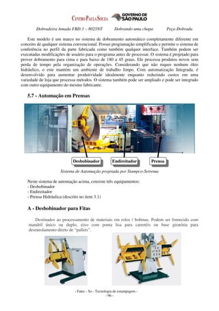 - Fatec - So - Tecnologia de estampagem -
- 96 -
Dobradeira Amada FBD 3 – 8025NT Dobrando uma chapa Peça Dobrada
Este modelo é um marco no sistema de dobramento automático completamente diferente em
conceito de qualquer sistema convencional. Possui programação simplificada e permite o sistema de
conferência no perfil da parte fabricada como também qualquer interface. Também podem ser
executadas modificações de usuário para o programa antes de processar. O sistema é projetado para
prover dobramento para cima e para baixo de 180 a 45 graus. Ele processa produtos novos sem
perda de tempo pela organização de operações. Considerando que não requer nenhum óleo
hidráulico, o este mantém um ambiente de trabalho limpo. Com automatização Integrada, é
desenvolvido para aumentar produtividade idealmente enquanto reduzindo custos em uma
variedade de loja que processa métodos. O sistema também pode ser ampliado e pode ser integrado
com outro equipamento do mesmo fabricante.
5.7 - Automação em Prensas
Desbobinador Endireitador Prensa
Sistema de Automação projetada por Stampco-Setrema
Neste sistema de automação acima, consiste três equipamentos:
- Desbobinador
- Endireitador
- Prensa Hidráulica (descrito no item 3.1)
A - Desbobinador para Fitas
Destinados ao processamento de materiais em rolos / bobinas. Podem ser fornecido com
mandril único ou duplo, eixo com ponta lisa para carretéis ou base giratória para
desenrolamento direto de “pallets”.
 