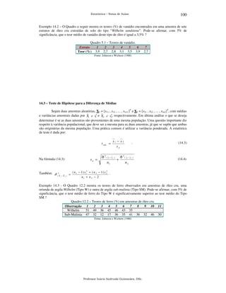 100

Estatística – Notas de Aulas

Exemplo 14.2 – O Quadro a seguir mostra os teores (%) de vanádio encontrados em uma amostra de sete
estratos de óleo cru extraídas de solo do tipo “Wilhelm sandstone”. Pode-se afirmar, com 5% de
significância, que o teor médio de vanádio deste tipo de óleo é igual a 3,5% ?
Quadro 5.1 – Teores de vanádio.
Estrato
1
2
3
4
5
6
Teor (%) 3,9 2,7 2,8 3,1 3,5 3,9

7
2,7

Fonte: Johnson e Wichern (1988)

14.3 – Teste de Hipótese para a Diferença de Médias

Sejam duas amostras aleatórias, X1 = [x11 , x12 , ... , x1n1 ]T e X2 = [x21 , x22 , ... , x2n2]T, com médias
2
e variâncias amostrais dadas por X1 e s12 e X2 e s2 , respectivamente. Em última análise o que se deseja
determinar é se as duas amostras são provenientes de uma mesma população. Uma questão importante diz
respeito à variância populacional, que deve ser a mesma para as duas amostras, já que se supõe que ambas
são originárias da mesma população. Uma prática comum é utilizar a variância ponderada. A estatística
de teste é dada por:

Na fórmula (14.3):

Também: σˆ 2
(X

1

−X2)

sp =

=

x1 − x 2
sp

.

(14.3)

ˆ
ˆ
σ 2 ( x1 − x 2 ) σ 2 ( x1 − x 2 )
+
n1
n2

(14.4)

t calc =

2
( n 1 − 1 ) s 12 + ( n 2 − 1 ) s 2 .
n1 + n 2 − 2

Exemplo 14.3 - O Quadro 12.2 mostra os teores de ferro observados em amostras de óleo cru, uma
oriunda de argila Wilhelm (Tipo W) e outra de argila sub-mulinia (Tipo SM). Pode-se afirmar, com 5% de
significância, que o teor médio de ferro do Tipo W é significativamente superior ao teor médio do Tipo
SM ?
Quadro 12.2 – Teores de ferro (%) em amostras de óleo cru.
Observação 1
2
3
4
5
6
7
8
9 10 11
Wilhelm
51 49 36 45 46 43 35
Sub-Mulinia 47 32 12 17 36 35 41 36 32 46 30
Fonte: Johnson e Wichern (1988)

Professor Inácio Andruski Guimarães, DSc.

 