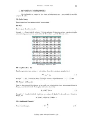 11

Estatística – Notas de Aulas

3.

DISTRIBUIÇÕES DE FREQÜÊNCIAS

As distribuições de freqüências são usadas principalmente para a apresentação de grandes
conjuntos de dados.
3.1 – Dados Brutos
É a designação para um conjunto de dados não ordenados.
3.2 – Rol
É um conjunto de dados ordenados.
Exemplo 3.1 – Teores de ácido palmítico (%) observados em 120 amostras de óleos vegetais, utilizadas
em um estudo para comparar as características de óleos obtidos a partir de diferentes fontes.
3,8
3,9
4,1
4,5
4,6
4,8
4,8
4,8
4,9
5
5,1
5,1
5,1
5,1
5,1

5,2
5,4
5,4
5,5
5,6
5,7
5,9
5,9
5,9
6
6
6
6
6,1
6,1

6,1
6,1
6,1
6,2
6,2
6,2
6,2
6,2
6,2
6,2
6,2
6,2
6,2
6,3
6,4

6,4
6,4
6,5
6,6
6,7
6,7
6,8
7
7,2
7,5
7,6
7,7
8
8
8,2

8,3
8,3
9,3
9,4
9,6
9,7
9,7
9,7
9,8
9,8
9,8
9,9
10
10
10

10,1
10,2
10,4
10,4
10,5
10,5
10,5
10,5
10,5
10,5
10,7
10,8
10,8
10,9
10,9

10,9
10,9
11
11
11
11
11,1
11,1
11,1
11,1
11,2
11,2
11,3
11,4
11,4

11,5
11,5
11,5
11,5
11,6
11,6
11,9
11,9
12,2
12,2
12,2
13
13
13,1
13,1

Fonte: Brodnjak – Vončina et al. (2005)

3.3 – Amplitude Total (R)
É a diferença entre o valor máximo e o valor mínimo observados no conjunto de dados, isto é:

R = x ( n ) − x (1)

(3.1)

Exemplo 3.2 – Para o conjunto de dados do exemplo anterior a amplitude total é R = 13,1 – 3,8 = 9,3
3.4 – Número de Classes (k)
Pode ser determinado arbitrariamente ou de acordo com a expressão a seguir, denominada fórmula de
Sturges, onde n é o número de observações, ou tamanho da amostra.

k = 1 + 3,3 log n

(3.2)

Exemplo 3.3 – Uma distribuição de freqüências para os dados do Quadro 3.1, de acordo com a fórmula de
Sturges, terá

k = 1 + 3,3 log(120) = 7,86 ≅ 8
3.5 – Amplitude de Classe (h)
Pode ser calculada por

h=

R
k

Professor Inácio Andruski Guimarães, DSc.

(3.3)

 