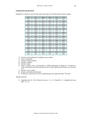 35

Estatística – Notas de Aulas

EXERCÍCIOS DE REVISÃO

O Quadro 6.1 contém os teores de ácido oléico observados em 120 observações de óleos vegetais.
22,3
22,7
22,8
22,9
23,1
23,1
23,2
23,2
24
24,1
24,1
24,4
24,4
24,4
24,5
24,5
24,6
24,6
24,7
24,9

25,1
25,1
25,2
25,3
25,3
25,3
25,5
25,6
25,7
25,7
25,8
25,8
25,9
26
26
26,1
26,1
26,4
26,5
26,7

26,8
27
27,1
27,1
27,1
27,2
27,4
27,8
28,3
28,3
28,3
29,1
29,4
29,5
29,6
29,6
29,8
29,9
30,3
30,4

30,4
31
31,1
31,1
31,1
31,1
31,1
31,7
31,7
31,8
31,8
32,1
32,6
32,9
33,6
33,6
33,9
34
34,4
34,5

34,8
34,9
35
35
35
35,2
35,2
35,2
35,4
35,8
37,4
37,7
38,4
39,3
39,7
40,1
41,4
43
43,3
45,7

52,2
53,2
54,6
55,5
55,9
56,6
57,2
58
58,2
59
59,1
59,2
59,2
59,3
61,6
61,8
62,6
64,9
77,8
80,6

Construir uma distribuição de freqüências para os dados.
Traçar o histograma.
Calcular a média aritmética.
Calcular a mediana.
Calcular a moda.
Tanto a mediana como a moda podem ser obtidas diretamente no Quadro 6.1. Comparar os
valores encontrados pela observação direta com os valores obtidos pelas fórmulas, nos exercícios
4 e 5.
7) Calcular o desvio padrão.
8) Estudar a assimetria da distribuição.
9) O cálculo do coeficiente de curtose é justificado para este conjunto de dados ? Por quê ?
1)
2)
3)
4)
5)
6)

Algumas respostas:
1) Amplitude total: R = 58,3; Número de classes: k = 1 + 3,3log(120) = 8 ; Amplitude de classe
(R/n) : h = 7,3.

Professor Inácio Andruski Guimarães, DSc.

 