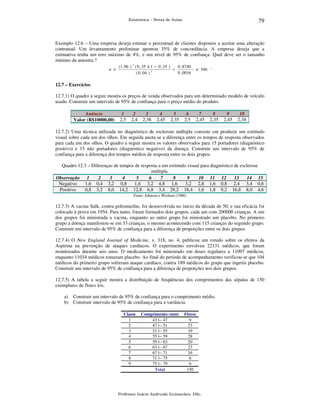 79

Estatística – Notas de Aulas

Exemplo 12.6 – Uma empresa deseja estimar o percentual de clientes dispostos a aceitar uma alteração
contratual. Um levantamento preliminar apontou 35% de concordância. A empresa deseja que a
estimativa tenha um erro máximo de 4%, e um nível de 95% de confiança. Qual deve ser o tamanho
mínimo da amostra ?
(1 , 96 ) 2 ( 0 , 35 )( 1 − 0 , 35 )
0 , 8740
n ≥
=
≅ 546 .
( 0 , 04 ) 2

0 , 0016

12.7 – Exercícios

12.7.1) O quadro a seguir mostra os preços de venda observados para um determinado modelo de veículo
usado. Construir um intervalo de 95% de confiança para o preço médio do produto.
Anúncio
Valor (R$10000,00)

1
2,5

2
2,4

3
2,38

4
2,45

5
2,35

6
2,5

7
2,45

8
2,35

9
2,45

10
2,38

12.7.2) Uma técnica utilizada no diagnóstico de esclerose múltipla consiste em produzir um estímulo
visual sobre cada um dos olhos. Em seguida anota-se a diferença entre os tempos de resposta observados
para cada um dos olhos. O quadro a seguir mostra os valores observados para 15 portadores (diagnóstico
positivo) e 15 não portadores (diagnóstico negativo) da doença. Construir um intervalo de 95% de
confiança para a diferença dos tempos médios de resposta entre os dois grupos.
Quadro 12.3 – Diferenças de tempos de resposta a um estímulo visual para diagnóstico de esclerose
múltipla.
Observação 1
2
3
4
5
6
7
8
9
10 11 12
13
14 15
Negativo
1,6 0,4 3,2 0,8
1,6 3,2 4,8 1,6
3,2 2,8 1,6 0,8 2,4 3,4 0,6
Positivo
0,8 3,2 8,0 14,2 12,8 6,8 3,4 29,2 18,4 1,6 1,8 9,2 16,8 8,0 4,6
Fonte: Johnson e Wichern (1988)

12.7.3) A vacina Salk, contra poliomielite, foi desenvolvida no início da década de 50, e sua eficácia foi
colocada à prova em 1954. Para tanto, foram formados dois grupos, cada um com 200000 crianças. A um
dos grupos foi ministrada a vacina, enquanto ao outro grupo foi ministrado um placebo. No primeiro
grupo a doença manifestou-se em 33 crianças, o mesmo acontecendo com 115 crianças do segundo grupo.
Construir um intervalo de 95% de confiança para a diferença de proporções entre os dois grupos.
12.7.4) O New England Journal of Medicine, v. 318, no. 4, publicou um estudo sobre os efeitos da
Aspirina na prevenção de ataques cardíacos. O experimento envolveu 22131 médicos, que foram
monitorados durante seis anos. O medicamento foi ministrado em doses regulares a 11097 médicos,
enquanto 11034 médicos tomaram placebo. Ao final do período de acompanhamento verificou-se que 104
médicos do primeiro grupo sofreram ataque cardíaco, contra 189 médicos do grupo que ingeriu placebo.
Construir um intervalo de 95% de confiança para a diferença de proporções nos dois grupos.
12.7.5) A tabela a seguir mostra a distribuição de freqüências dos comprimentos das sépalas de 150
exemplares de flores íris.
a) Construir um intervalo de 95% de confiança para o comprimento médio.
b) Construir intervalo de 95% de confiança para a variância.
Classe
1
2
3
4
5
6
7
8
9

Comprimento (mm)
43 |-- 47
47 |-- 51
51 |-- 55
55 |-- 59
59 |-- 63
63 |-- 67
67 |-- 71
71 |-- 75
75 |-- 79
Total

Flores
9
23
19
28
20
23
16
6
6
150

Professor Inácio Andruski Guimarães, DSc.

 