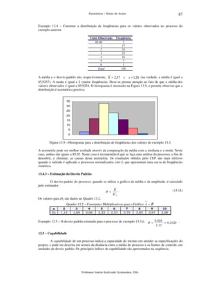 87

Estatística – Notas de Aulas

Exemplo 13.4 – Construir a distribuição de freqüências para os valores observados no processo do
exemplo anterior.
Valor Observado
85,90
1
2
3
4
5
6
Total

Freqüência
3
17
33
23
16
7
1
100

A média e o desvio padrão são, respectivamente, X = 2,57 e s = 1,28 (na verdade, a média é igual a
85,9257). A moda é igual a 2 (maior freqüência). Deve-se prestar atenção ao fato de que a média dos
valores observados é igual a 85,9254. O histograma é mostrado na Figura 13.9, e permite observar que a
distribuição é assimétrica positiva.
35
30
25
20
15
10
5
0

Figura 13.9 – Histograma para a distribuição de freqüências dos valores do exemplo 13.3.
A assimetria pode ser melhor avaliada através da comparação da média com a mediana e a moda. Neste
caso, ambas são iguais a 85,92. Neste caso é recomendável que se faça uma análise do processo, a fim de
descobrir, e eliminar, as causas desta assimetria. Os resultados obtidos pelo CEP são mais efetivos
quando o método é aplicado a processos normalizados, isto é, que apresentam uma curva de freqüências
simétrica.
13.4.3 – Estimação do Desvio Padrão

O desvio padrão do processo, quando se utiliza o gráfico da média e da amplitude, é calculado
pelo estimador:
R .
(13.11)
ˆ
σ =
D2

Os valores para D2 são dados no Quadro 13.2.
Quadro 13.2 – Constantes Multiplicativas para o Gráfico x − R
n
D2

2
1,13

3
1,69

4
2,06

5
2,33

6
2,53

7
2,70

8
2,85

9
2,97

10
3,08

Exemplo 13.5 – O desvio padrão estimado para o processo do exemplo 13.3 é: σˆ = 0 , 028 = 0 , 0120 .
2 , 33

13.5 – Capabilidade

A capabilidade de um processo indica a capacidade do mesmo em atender as especificações do
projeto, e pode ser descrita em termos da distância entre a média do processo e os limites de controle, em
unidades de desvio padrão. Os principais índices de capabilidade são apresentados na seqüência.

Professor Inácio Andruski Guimarães, DSc.

 