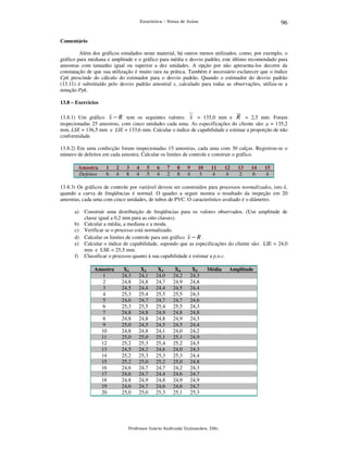 96

Estatística – Notas de Aulas

Comentário

Além dos gráficos estudados neste material, há outros menos utilizados, como, por exemplo, o
gráfico para mediana e amplitude e o gráfico para média e desvio padrão, este último recomendado para
amostras com tamanho igual ou superior a dez unidades. A opção por não apresenta-los decorre da
constatação de que sua utilização é muito rara na prática. Também é necessário esclarecer que o índice
Cpk prescinde do cálculo do estimador para o desvio padrão. Quando o estimador do desvio padrão
(13.11) é substituído pelo desvio padrão amostral s, calculado para todas as observações, utiliza-se a
notação Ppk.
13.8 – Exercícios

13.8.1) Um gráfico x − R tem os seguintes valores: x = 135,0 mm e R = 2,5 mm. Foram
inspecionadas 25 amostras, com cinco unidades cada uma. As especificações do cliente são: µ = 135,2
mm, LSE = 136,5 mm e LIE = 133,6 mm. Calcular o índice de capabilidade e estimar a proporção de não
conformidade.
13.8.2) Em uma confecção foram inspecionadas 15 amostras, cada uma com 30 calças. Registrou-se o
número de defeitos em cada amostra. Calcular os limites de controle e construir o gráfico.
Amostra
Defeitos

1
6

2
4

3
8

4
4

5
5

6
4

7
2

8
8

9
4

10
3

11
4

12
4

13
2

14
6

15
4

13.8.3) Os gráficos de controle por variável devem ser construídos para processos normalizados, isto é,
quando a curva de freqüências é normal. O quadro a seguir mostra o resultado da inspeção em 20
amostras, cada uma com cinco unidades, de tubos de PVC. O característico avaliado é o diâmetro.
a)

Construir uma distribuição de freqüências para os valores observados. (Use amplitude de
classe igual a 0,2 mm para as oito classes).
b) Calcular a média, a mediana e a moda.
c) Verificar se o processo está normalizado.
d) Calcular os limites de controle para um gráfico x − R .
e) Calcular o índice de capabilidade, supondo que as especificações do cliente são: LIE = 24,0
mm e LSE = 25,5 mm.
f) Classificar o processo quanto à sua capabilidade e estimar a p.n.c.
Amostra
1
2
3
4
5
6
7
8
9
10
11
12
13
14
15
16
17
18
19
20

X1
24,3
24,8
24,5
25,3
24,6
25,3
24,8
24,8
25,0
24,8
25,0
25,2
24,5
25,2
25,2
24,6
24,6
24,8
24,6
25,0

X2
24,1
24,8
24,4
25,4
24,7
25,5
24,8
24,8
24,5
24,8
25,0
25,3
24,2
25,3
25,0
24,7
24,7
24,9
24,7
25,0

X3
24,0
24,7
24,4
25,5
24,7
25,4
24,9
24,8
24,5
24,1
25,1
25,4
24,6
25,3
25,2
24,7
24,4
24,8
24,6
25,3

X4
24,2
24,9
24,5
25,5
24,7
25,5
24,8
24,9
24,5
24,0
25,1
25,2
24,0
25,3
25,0
24,2
24,6
24,9
24,6
25,1

X5
24,3
24,8
24,4
24,3
24,6
24,3
24,8
24,3
24,4
24,2
24,9
24,5
24,3
24,4
24,8
24,3
24,7
24,9
24,7
25,3

Média

Professor Inácio Andruski Guimarães, DSc.

Amplitude

 