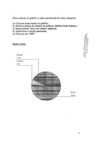 Para colocar no gráfico o valor percentual de cada categoria:
a) Clica-se duas vezes no gráfico;
b) Abrirá a janela de edição de gráficos (SPSS Chart Editor);
c) Nesta janela, clicar em chart I options;
d) Selecionar a opção percents;
e) Clica-se em "OK".
RESULTADO:
Manager
17,7%
Custodial
5,7%
Clerical
76,6%
19
 