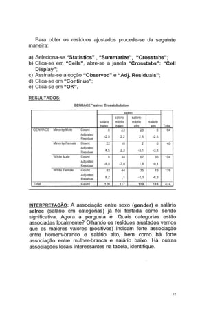 Para obter os resíduos ajustados procede-se da seguinte
maneira:
a) Seleciona-se "Statistics" , "Summarize", "Crosstabs";
b) Clica-se em "Cells", abre-se a janela "Crosstabs": "Cell
Display";
c) Assinala-se a opção "Observed" e "Adj. Residuais";
d) Clica-se em "Continue";
e) Clica-se em "OK".
RESULTADOS:
GENRACE "'salrec Crosstabulation
salrec
sálário salário
salário médio médio salário
baixo baixo alto alto Total
GENRACE Minority Mate Count 8 23 25 8 64
Adjusted
-2,5 2,2 2,8 -2,5
Residual
Minority Female Count 22 16 2 o 40
Adjusted
4,5 2,3 -3,1 -3,8
Residual
Wh~e Male Count 8 34 57 95 194
Adjusted
-8,8 -3,0 1,8 10,1
Residual
White Female Count 82 44 35 15 176
Adjusted
8,2 ,1 -2,0 -6,3
Residual
Total Count 120 117 119 118 474
JNTERPRETAÇÃO: A associação entre sexo (gender) e salário
salrec (salário em categorias) já foi testada como sendo
significativa. Agora a pergunta é: Quais categorias estão
associadas localmente? Olhando os resíduos ajustados vemos
que os maiores valores (positivos) indicam forte associação
entre homem-branco e salário alto, bem como há forte
associação entre mulher-branca e salário baixo. Há outras
associações locais interessantes na tabela, identifique.
32
 