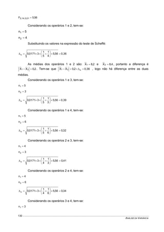 ANÁLISE DA VARIÂNCIA
130
56,5F 01,0;14;3 
Considerando os operários 1 e 2, tem-se:
5n1 
4n2 
Substituindo os valores na expressão do teste de Scheffé:
0,3656,5
4
1
5
1
30171,0 






As médias dos operários 1 e 2 são: 2,8X1  e 4,8X2  , portanto a diferença é
2,0XX 21  . Tem-se que 0,362,0XX 21   , logo não há diferença entre as duas
médias.
Considerando os operários 1 e 3, tem-se:
5n1 
3n2 
0,3956,5
3
1
5
1
30171,0 






Considerando os operários 1 e 4, tem-se:
5n1 
6n2 
32,056,5
6
1
5
1
30171,0 






Considerando os operários 2 e 3, tem-se:
4n1 
3n2 
41,056,5
3
1
4
1
30171,0 






Considerando os operários 2 e 4, tem-se:
4n1 
6n2 
34,056,5
6
1
4
1
30171,0 






Considerando os operários 3 e 4, tem-se:
3n1 
 