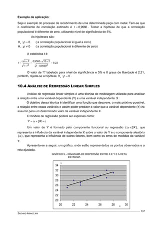 SACHIKO ARAKI LIRA
137
Exemplo de aplicação:
Seja o exemplo do processo de recobrimento de uma determinada peça com metal. Tem-se que
o coeficiente de correlação estimado é 0,9560r  . Testar a hipótese de que a correlação
populacional é diferente de zero, utilizando nível de significância de 5%.
As hipóteses são:
0:H0
 ( a correlação populacional é igual a zero)
0:H1  ( a correlação populacional é diferente de zero)
A estatística t é:
9,22
9560,01
2109560,0
r1
2nr
t
22







O valor de “t” tabelado para nível de significância e 5% e 8 graus de liberdade é 2,31,
portanto, rejeita-se a hipótese 0:H0
 .
10.4 ANÁLISE DE REGRESSÃO LINEAR SIMPLES
Análise de regressão linear simples é uma técnica de modelagem utilizada para analisar
a relação entre uma variável dependente (Y) e uma variável independente X .
O objetivo dessa técnica é identificar uma função que descreve, o mais próximo possível,
a relação entre essas variáveis e assim poder predizer o valor que a variável dependente (Y) irá
assumir para um determinado valor da variável independente X.
O modelo de regressão poderá ser expresso como:
  XY
Um valor de Y é formado pelo componente funcional ou regressão )X(   , que
representa a influência da variável independente X sobre o valor de Y e o componente aleatório
)(  , que representa a influência de outros fatores, bem como os erros de medidas da variável
Y.
Apresenta-se a seguir, um gráfico, onde estão representados os pontos observados e a
reta ajustada.
20
22
24
26
28
30
32
34
20 22 24 26 28 30
GRÁFICO 9 – DIAGRAMA DE DISPERSÃO ENTRE X E Y E A RETA
ESTIMADA
X
Y
 