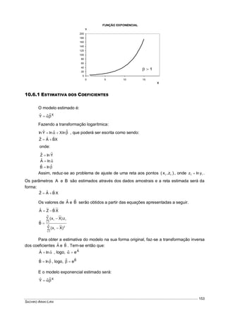SACHIKO ARAKI LIRA
153
10.6.1 ESTIMATIVA DOS COEFICIENTES
O modelo estimado é:
XˆˆYˆ 
Fazendo a transformação logarítmica:
  ˆˆ lnXlnYˆln , que poderá ser escrita como sendo:
XBˆAˆZˆ 
onde:
YˆlnZˆ 
 ˆlnAˆ
 ˆlnBˆ
Assim, reduz-se ao problema de ajuste de uma reta aos pontos )z,x( ii , onde iylnzi  .
Os parâmetros A e B são estimados através dos dados amostrais e a reta estimada será da
forma:
XBˆAˆZˆ 
Os valores de Aˆ e Bˆ serão obtidos a partir das equações apresentadas a seguir.
XBˆZAˆ 






 n
1i
2
i
n
1i
ii
)Xx(
z)Xx(
Bˆ
Para obter a estimativa do modelo na sua forma original, faz-se a transformação inversa
dos coeficientes Aˆ e Bˆ . Tem-se então que:
 ˆlnAˆ , logo, Aˆ
eˆ 
 ˆlnBˆ , logo, Bˆ
eˆ 
E o modelo exponencial estimado será:
XˆˆYˆ 
FUNÇÃO EXPONENCIAL
0
20
40
60
80
100
120
140
160
180
200
0 5 10 15
X
Y
1
 