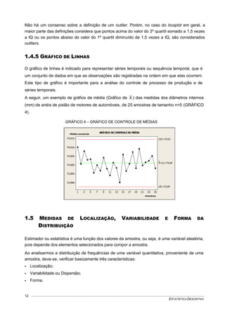 ESTATÍSTICA DESCRITIVA
12
Não há um consenso sobre a definição de um outlier. Porém, no caso do boxplot em geral, a
maior parte das definições considera que pontos acima do valor do 3º quartil somado a 1,5 vezes
a IQ ou os pontos abaixo do valor do 1º quartil diminuído de 1,5 vezes a IQ, são considerados
outliers.
1.4.5 GRÁFICO DE LINHAS
O gráfico de linhas é indicado para representar séries temporais ou sequência temporal, que é
um conjunto de dados em que as observações são registradas na ordem em que elas ocorrem.
Este tipo de gráfico é importante para a análise do controle de processo de produção e de
séries temporais.
A seguir, um exemplo de gráfico de média (Gráfico de X ) das medidas dos diâmetros internos
(mm) de anéis de pistão de motores de automóveis, de 25 amostras de tamanho n=5 (GRÁFICO
4).
1.5 MEDIDAS DE LOCALIZAÇÃO, VARIABILIDADE E FORMA DA
DISTRIBUIÇÃO
Estimador ou estatística é uma função dos valores da amostra, ou seja, é uma variável aleatória,
pois depende dos elementos selecionados para compor a amostra.
Ao analisarmos a distribuição de frequências de uma variável quantitativa, proveniente de uma
amostra, deve-se, verificar basicamente três características:
 Localização;
 Variabilidade ou Dispersão;
 Forma.
252321191715131197531
74,015
74,010
74,005
74,000
73,995
73,990
Amostras
Médias amostrais
__
X=LC=74,00
LSC=74,01
LIC=73,99
GRÁFICO DE CONTROLE DE MÉDIA
GRÁFICO 4 – GRÁFICO DE CONTROLE DE MÉDIAS
 