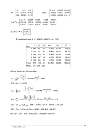 SACHIKO ARAKI LIRA
165











4277099792454
997922379251077
45410775
XX ;










 
0,001150,0004-0,0209-
0,0004-0,00030,0292-
0,0209-0,0292-8,3935
)XX( 1













 
0242,00234,00015,00019,00010,0
0128,00026,00006,00016,00112,0
3600,03758,11866,00322,05170,2
X)XX( 1










 
0,7175
0,4957
22,4821
YX)XX( 1
b
O modelo estimado é: 21 X7175,0X4957,04821,22Yˆ 
OBS. iy i1x i2x i1ixy i2ixy 2
iy
1 145 151 70 21.895 10.150 21.025
2 210 221 91 46.410 19.110 44.100
3 193 215 92 41.495 17.756 37.249
4 229 247 122 56.563 27.938 52.441
5 195 243 79 47.385 15.405 38.025
SOMA 972 1077 454 213.748 90.359 192.840
MÉDIA 194,4 215,4 90,8
Cálculo das somas de quadrados:
3.883,2
5
972
-192.840
n
y
yS
2
2
n
1i
in
1i
2
iYY 











2,883.3SSQT YY 
4.379,2
5
1077972
-213.748
n
xy
)xy(S
n
1i
i1
n
1i
in
1i
i1i1YX 



















2.101,4
5
454972
-90.359
n
xy
)xy(S
n
1i
i2
n
1i
in
1i
i2i2YX 



















3.678,52394,101.27175,02,379.44957,0SbSbSQE 21 YX2YX1 
204,67615239,36782,3833SbSbSSQR 21 YX2YX1YY 
OU 204,67615239,678.32000,883.3SQESQTSQR 
 