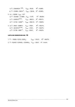 SACHIKO ARAKI LIRA
181
c) 086,1
X6492,236Yˆ 
 ; 25,90Fcalc  ; %86,91R2

d) X
9414,05264,31Yˆ  ; 06,106Fcalc  ; %99,92R2

2. a) 9306,0r  ; 17,9tcalc 
b) 3,1296X-25,9336Yˆ  ; 70,51Fcalc  ; %60,86R2

c) 0013,4
X0005,0Yˆ  ; 10,568Fcalc  ; %61,98R2

d) X
4409,11122,0Yˆ  ; 10,2524Fcalc  ; %68,99R2

3. a) X8286,360,36Yˆ  ; 08,76Fcalc  ; %01,95R2 
b) 2146,0
X1557,39Yˆ  ; 55,37Fcalc  ; %37,90R2

c) X
0807,1758,37Yˆ  ; 40,65Fcalc  ; %24,94R2

LISTA DE EXERCÍCIOS NO. 10
1. 21 X00,3X21,056,199Yˆ  ; 31,319Fcalc  ; %07,99R2

2. 21 X2409,0X3540,02422,19Yˆ  ; 43,28Fcalc  ; 78,04%R2

 
