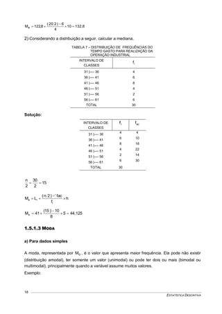 ESTATÍSTICA DESCRITIVA
18
132,810
4
6)220(
8,122Me 


2) Considerando a distribuição a seguir, calcular a mediana.
TABELA 7 – DISTRIBUIÇÃO DE FREQUÊNCIAS DO
TEMPO GASTO PARA REALIZAÇÃO DA
OPERAÇÃO INDUSTRIAL
INTERVALO DE
CLASSES
if
31 |---- 36 4
36 |---- 41 6
41 |---- 46 8
46 |---- 51 4
51 |---- 56 2
56 |---- 61 6
TOTAL 30
Solução:
INTERVALO DE
CLASSES
if acf
31 |---- 36
4 4
36 |---- 41
6 10
41 |---- 46
8 18
46 |---- 51
4 22
51 |---- 56
2 14
56 |---- 61
6 30
TOTAL 30
15
2
30
2
n

h
f
fac)2n(
LM
i
ie 


44,1255
8
10)15(
41Me 


1.5.1.3 MODA
a) Para dados simples
A moda, representada por oM , é o valor que apresenta maior frequência. Ela pode não existir
(distribuição amodal), ter somente um valor (unimodal) ou pode ter dois ou mais (bimodal ou
multimodal), principalmente quando a variável assume muitos valores.
Exemplo:
 