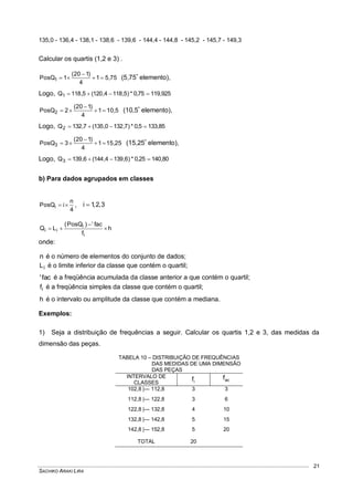 SACHIKO ARAKI LIRA
21
135,0 - 136,4 - 138,1 - 138,6 - 139,6 - 144,4 - 144,8 - 145,2 - 145,7 - 149,3
Calcular os quartis (1,2 e 3) .
5,751
4
)120(
1PosQ1 

 (5,75º
elemento),
Logo, 119,92575,0*)5,1184,120(5,118Q1 
10,51
4
)120(
2PosQ2 

 (10,5º
elemento),
Logo, 133,855,0*)7,1320,135(7,132Q2 
15,251
4
)120(
3PosQ3 

 (15,25º
elemento),
Logo, 140,8025,0*)6,1394,144(6,139Q3 
b) Para dados agrupados em classes
4
n
iPosQi  , 3,2,1i 
h
f
fac)PosQ(
LQ
i
i
ii 


onde:
n é o número de elementos do conjunto de dados;
iL é o limite inferior da classe que contém o quartil;
fac' é a freqüência acumulada da classe anterior a que contém o quartil;
if é a freqüência simples da classe que contém o quartil;
h é o intervalo ou amplitude da classe que contém a mediana.
Exemplos:
1) Seja a distribuição de frequências a seguir. Calcular os quartis 1,2 e 3, das medidas da
dimensão das peças.
TABELA 10 – DISTRIBUIÇÃO DE FREQUÊNCIAS
DAS MEDIDAS DE UMA DIMENSÃO
DAS PEÇAS
INTERVALO DE
CLASSES if acf
102,8 |--- 112,8 3 3
112,8 |--- 122,8 3 6
122,8 |--- 132,8 4 10
132,8 |--- 142,8 5 15
142,8 |--- 152,8 5 20
TOTAL 20
 