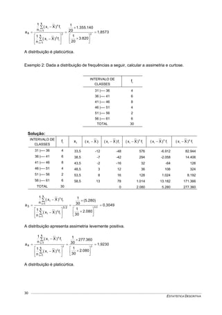 ESTATÍSTICA DESCRITIVA
30
1,8573
820.3
20
1
140.355.1
20
1
f)Xx(
n
1
f)Xx(
n
1
a 22
i
2
i
i
4
i
k
1i
k
1i
4 






















A distribuição é platicúrtica.
Exemplo 2: Dada a distribuição de frequências a seguir, calcular a assimetria e curtose.
INTERVALO DE
CLASSES
if
31 |---- 36 4
36 |---- 41 6
41 |---- 46 8
46 |---- 51 4
51 |---- 56 2
56 |---- 61 6
TOTAL 30
Solução:
INTERVALO DE
CLASSES
if ix )Xx( i  ii f)Xx(  i
2
i f)Xx(  i
3
i f)Xx(  i
4
i f)Xx( 
31 |---- 36 4 33,5 -12 -48 576 -6.912 82.944
36 |---- 41 6 38,5 -7 -42 294 -2.058 14.406
41 |---- 46 8 43,5 -2 -16 32 -64 128
46 |---- 51 4 48,5 3 12 36 108 324
51 |---- 56 2 53,5 8 16 128 1.024 8.192
56 |---- 61 6 58,5 13 78 1.014 13.182 171.366
TOTAL 30 0 2.080 5.280 277.360
0,3049
080.2
30
1
)280.5(
30
1
f)Xx(
n
1
f)Xx(
n
1
a 23
2
3
23
i
k
1i
i
k
1i
ii
3 






















A distribuição apresenta assimetria levemente positiva.
1,9230
080.2
30
1
360.277
30
1
f)Xx(
n
1
f)Xx(
n
1
a 22
i
2
i
i
4
i
k
1i
k
1i
4 






















A distribuição é platicúrtica.
 