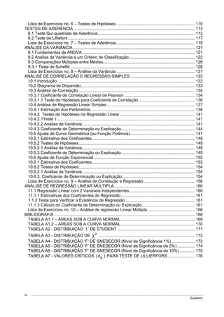 SUMÁRIO
iv
Lista de Exercícios no. 6 – Testes de Hipóteses ................................................................... 110
TESTES DE ADERÊNCIA ....................................................................................................... 113
8.1 Teste Qui-quadrado de Aderência................................................................................... 113
8.2 Teste de Lilliefors ............................................................................................................ 117
Lista de Exercícios no. 7 – Testes de Aderência................................................................... 119
ANÁLISE DA VARIÂNCIA........................................................................................................ 121
9.1 Fundamentos da ANOVA................................................................................................ 121
9.2 Análise da Variância a um Critério de Classificação........................................................ 123
9.3 Comparações Múltiplas entre Médias.............................................................................. 128
9.3.1 Teste de Scheffé .......................................................................................................... 128
Lista de Exercícios no. 8 – Análise da Variância ................................................................... 131
ANÁLISE DE CORRELAÇÃO E REGRESSÃO SIMPLES ....................................................... 133
10.1 Introdução ..................................................................................................................... 133
10.2 Diagrama de Dispersão................................................................................................. 133
10.3 Análise de Correlação ................................................................................................... 134
10.3.1 Coeficiente de Correlação Linear de Pearson ............................................................ 134
10.3.1.1 Teste de Hipóteses para Coeficiente de Correlação................................................ 136
10.4 Análise de Regressão Linear Simples........................................................................... 137
10.4.1 Estimação dos Parâmetros......................................................................................... 138
10.4.2 Testes de Hipóteses na Regressão Linear ................................................................ 141
10.4.2.1Teste t ..................................................................................................................... 141
10.4.2.2 Análise da Variância................................................................................................ 141
10.4.3 Coeficiente de Determinação ou Explicação............................................................... 144
10.5 Ajuste de Curva Geométrica (ou Função Potência)....................................................... 147
10.5.1 Estimativa dos Coeficientes........................................................................................ 148
10.5.2 Testes de Hipóteses................................................................................................... 149
10.5.2.1 Análise da Variância................................................................................................ 149
10.5.3 Coeficiente de Determinação ou Explicação............................................................... 149
10.6 Ajuste de Função Exponencial ...................................................................................... 152
10.6.1 Estimativa dos Coeficientes........................................................................................ 153
10.6.2 Testes de Hipóteses................................................................................................... 154
10.6.2.1 Análise da Variância................................................................................................ 154
10.6.3. Coeficiente de Determinação ou Explicação.............................................................. 154
Lista de Exercícios no. 9 – Análise de Correlação e Regressão............................................ 158
ANÁLISE DE REGRESSÃO LINEAR MÚLTIPLA..................................................................... 160
11.1 Regressão Linear com 2 Variáveis Independentes........................................................ 160
11.1.1 Estimativas dos Coeficientes de Regressão............................................................... 161
1.1.2 Teste para Verificar a Existência de Regressão ........................................................... 161
11.1.3 Cálculo do Coeficiente de Determinação ou Explicação............................................. 161
Lista de Exercícios no. 10 – Análise de regressão Linear Múltipla ........................................ 166
BIBLIOGRAFIA ........................................................................................................................ 168
TABELA A1.1 – ÁREAS SOB A CURVA NORMAL............................................................... 169
TABELA A1.2 – ÁREAS SOB A CURVA NORMAL............................................................... 170
TABELA A2 - DISTRIBUIÇÃO ‘ t ’ DE STUDENT .................................................................. 171
TABELA A3 - DISTRIBUIÇÃO DE 2
 .................................................................................. 172
TABELA A4 - DISTRIBUIÇÃO ‘F’ DE SNEDECOR (Nível de Significância 1%) .................... 173
TABELA A5 - DISTRIBUIÇÃO ‘F’ DE SNEDECOR (Nível de Significância de 5%) ............... 174
TABELA A6 - DISTRIBUIÇÃO ‘F’ DE SNEDECOR (Nível de Significância de 10%) ............. 175
TABELA A7 - VALORES CRÍTICOS )cd( PARA TESTE DE LILLIERFORS ....................... 176
 
