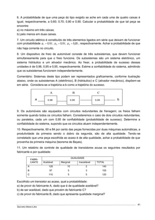 SACHIKO ARAKI LIRA
41
6. A probabilidade de que uma peça do tipo exigido se ache em cada uma de quatro caixas é
igual, respectivamente, a 0,60; 0,70; 0,80 e 0,90. Calcular a probabilidade de que tal peça se
encontre:
a) no máximo em três caixas;
b) pelo menos em duas caixas.
7. Um circuito elétrico é constituído de três elementos ligados em série que deixam de funcionar
com probabilidade 10,0p1  ; 15,0p2  ; 20,0p3  , respectivamente. Achar a probabilidade de que
não haja corrente no circuito.
8. Um dispositivo de freio de automóvel consiste de três subsistemas, que devem funcionar
simultaneamente para que o freio funcione. Os subsistemas são um sistema eletrônico, um
sistema hidráulico e um ativador mecânico. Ao frear, a probabilidade de sucesso dessas
unidades é de 0,96, 0,95 e 0,95, respectivamente. Estime a confiabilidade do sistema, admitindo
que os subsistemas funcionem independentemente.
Comentário: Sistemas deste tipo podem ser representados graficamente, conforme ilustração
abaixo, onde os subsistemas A (eletrônico), B (hidráulico) e C (ativador mecânico), dispõem-se
em série. Considera-se a trajetória a-b como a trajetória do sucesso.
9. Os automóveis são equipados com circuitos redundantes de frenagem; os freios falham
somente quando todos os circuitos falham. Consideremos o caso de dois circuitos redundantes,
ou paralelos, cada um com 0,95 de confiabilidade (probabilidade de sucesso). Determine a
confiabilidade do sistema, supondo que os circuitos atuem independentemente.
10. Respectivamente, 60 e 84 por cento das peças fornecidas por duas máquinas automáticas, a
produtividade da primeira sendo o dobro da segunda, são de alta qualidade. Tendo-se
constatado que uma peça escolhida ao acaso é de alta qualidade, achar a probabilidade de que
provenha da primeira máquina (teorema de Bayes).
11. Um relatório de controle de qualidade de transistores acusa os seguintes resultados por
fabricante e por qualidade:
FABRI-
CANTE
QUALIDADE
Aceitável Marginal Inaceitável TOTAL
A 128 10 2 140
B 97 5 3 105
C 110 5 5 120
Escolhido um transistor ao acaso, qual a probabilidade:
a) de provir do fabricante A, dado que é de qualidade aceitável?
b) de ser aceitável, dado que provém do fabricante C?
c) de provir do fabricante B, dado que apresenta qualidade marginal?
0,96 0,95 0,95a b
A B C
 