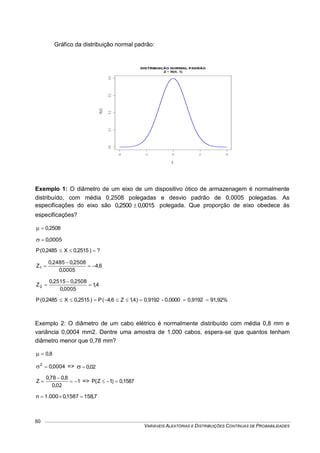 VARIÁVEIS ALEATÓRIAS E DISTRIBUIÇÕES CONTÍNUAS DE PROBABILIDADES
60
Gráfico da distribuição normal padrão:
Exemplo 1: O diâmetro de um eixo de um dispositivo ótico de armazenagem é normalmente
distribuído, com média 0,2508 polegadas e desvio padrão de 0,0005 polegadas. As
especificações do eixo são 0015,02500,0  polegada. Que proporção de eixo obedece às
especificações?
2508,0
0005,0
?)2515,0X2485,0(P 
6,4
0005,0
2508,02485,0
Z1 


4,1
0005,0
2508,02515,0
Z2 


91,92%0,91920,0000-0,9192)4,1Z6,4(P)2515,0X2485,0(P 
Exemplo 2: O diâmetro de um cabo elétrico é normalmente distribuído com média 0,8 mm e
variância 0,0004 mm2. Dentre uma amostra de 1.000 cabos, espera-se que quantos tenham
diâmetro menor que 0,78 mm?
8,0
0004,02
 => 02,0
1
02,0
8,078,0
Z 

 => 1587,0)1Z(P 
7,1581587,0000.1n 
z
f(z)
 