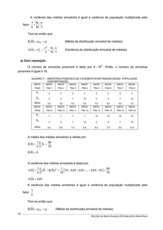 NOÇÕES DE AMOSTRAGEM E DISTRIBUIÇÕES AMOSTRAIS
70
A variância das médias amostrais é igual à variância da população multiplicada pelo
fator:
1N
nN
n
1



Tem-se então que:
  X)X(E (Média da distribuição amostral de médias)
1N
nN
n
)X(V
2
2
X




 (Variância da distribuição amostral de médias)
a) Com reposição
O número de amostras possíveis é dado por n
Nk  . Então, o número de amostras
possíveis é igual a 16.
QUADRO 7 – AMOSTRAS POSSÍVEIS DE 2 ELEMENTOS RETIRADAS DESSA POPULAÇÃO
COM REPOSIÇÃO
AMOS-
TRAS
AMOS-
TRA 1
AMOS-
TRA 2
AMOS-
TRA 3
AMOS-
TRA 4
AMOS-
TRA 5
AMOS-
TRA 6
AMOS-
TRA 7
AMOS-
TRA 8
1X 2 2 2 2 5 5 5 5
2X 2 5 7 10 2 5 7 10
Média 2,0 3,5 4,5 6,0 3,5 5,0 6,0 7,5
AMOS-
TRAS
AMOS-
TRA 9
AMOS-
TRA 10
AMOS-
TRA 11
AMOS-
TRA 12
AMOS-
TRA 13
AMOS-
TRA 14
AMOS-
TRA 15
AMOS-
TRA 16
1X 7 7 7 7 10 10 10 10
2X
2 5 7 10 2 5 7 10
Média 4,5 6,0 7,0 8,5 6,0 7,5 8,5 10,0
A média das médias amostrais é obtida por:
16
96
X
k
1
)X(E
k
1i
i  

6)X(E 
A variância das médias amostrais é dada por:
 
16
68
1625,6...25,225,616
16
1
))X(EX(
k
1
)X(V
k
1i
2
i  

25,4)X(V 
A variância das médias amostrais é igual à variância da população multiplicada pelo
fator:
n
1
Tem-se então que:
  X)X(E (Média da distribuição amostral de médias)
 