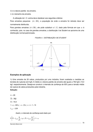 SACHIKO ARAKI LIRA
79
S é o desvio padrão da amostra;
n é o tamanho da amostra.
A utilização do I. C. acima deve obedecer aos seguintes critérios:
Para amostras pequenas )30n(  , a população de onde a amostra foi retirada deve ser
normalmente distribuída;
Para grandes amostras )30n(  , ele pode substituir o I. C. dado pela fórmula em que  é
conhecido, pois, no caso de grandes amostras, a distribuição t de Student se aproxima de uma
distribuição normal padronizada.
FIGURA 4 – DISTRIBUIÇÃO t DE STUDENT
Exemplos de aplicação
1) Uma amostra de 20 cabos, produzidos por uma indústria, foram avaliados e medidas as
tensões de rupturas (em kgf). A média e o desvio padrão da amostra são iguais a 762 kgf e 14,4
kgf, respectivamente. Deseja-se construir o intervalo de confiança de 95% para a tensão média
de ruptura de cabos produzidos pela indústria.
Solução:
20n 
762X 
4,14S 
%951  ; %5 ; 191n 
09,2t 2 
Assim, o intervalo de confiança será dado por:






   1
n
S
tX
n
S
tXP 22
1
2t 2t
2 2
 