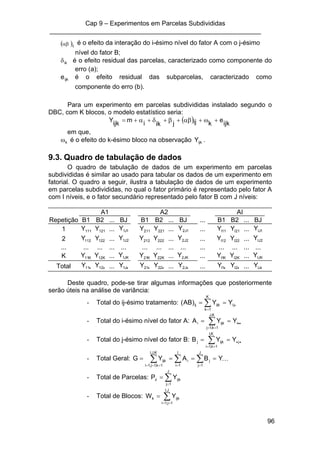 Cap 9 – Experimentos em Parcelas Subdivididas
___________________________________________________________
96
( )ijαβ é o efeito da interação do i-ésimo nível do fator A com o j-ésimo
nível do fator B;
ikδ é o efeito residual das parcelas, caracterizado como componente do
erro (a);
ijke é o efeito residual das subparcelas, caracterizado como
componente do erro (b).
Para um experimento em parcelas subdivididas instalado segundo o
DBC, com K blocos, o modelo estatístico seria:
( ) ijk
e
kijjiki
m
ijk
Y +ω+αβ+β+δ+α+=
em que,
kω é o efeito do k-ésimo bloco na observação ijkY .
9.3. Quadro de tabulação de dados
O quadro de tabulação de dados de um experimento em parcelas
subdivididas é similar ao usado para tabular os dados de um experimento em
fatorial. O quadro a seguir, ilustra a tabulação de dados de um experimento
em parcelas subdivididas, no qual o fator primário é representado pelo fator A
com I níveis, e o fator secundário representado pelo fator B com J níveis:
A1 A2 AI
Repetição B1 B2 ... BJ B1 B2 ... BJ ... B1 B2 ... BJ
1 111Y 121Y ... 1J1Y 211Y 221Y ... 1J2Y ... 11IY 21IY ... 1IJY
2 112Y 122Y ... 2J1Y 212Y 222Y ... 2J2Y ... 12IY 22IY ... 2IJY
... ... ... ... ... ... ... ... ... ... ... ... ... ...
K K11Y K12Y ... JK1Y K21Y K22Y ... JK2Y ... K1IY K2IY ... IJKY
Total •11Y •12Y ... •J1Y •21Y •22Y ... •J2Y ... •1IY •2IY ... •IJY
Deste quadro, pode-se tirar algumas informações que posteriormente
serão úteis na análise de variância:
- Total do ij-ésimo tratamento: •
== ∑=
ji
K
1k
ijkij YY)AB(
- Total do i-ésimo nível do fator A: ••== ∑==
i
K,J
1k,1j
ijki YYA
- Total do j-ésimo nível do fator B: ••
== ∑==
j
K,I
1k,1i
ijkj YYB
- Total Geral: LYBAYG
J
1j
j
I
1i
i
K,J,I
1k,1j,1i
ijk ==== ∑∑∑ =====
- Total de Parcelas: ∑=
=
J
1j
ijkz YP
- Total de Blocos: ∑==
=
J,I
1j,1i
ijkk YW
 
