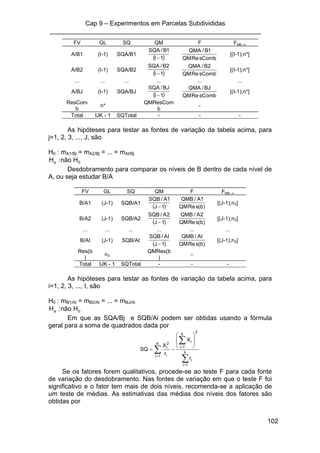 Cap 9 – Experimentos em Parcelas Subdivididas
___________________________________________________________
102
FV GL SQ QM F Ftab, α
A/B1 (I-1) SQA/B1
( )1I
1B/SQA
− sCombReQM
1B/QMA
[(I-1);n*]
A/B2 (I-1) SQA/B2
( )1I
2B/SQA
− sCombReQM
2B/QMA
[(I-1);n*]
... ... ... ... ... ...
A/BJ (I-1) SQA/BJ
( )1I
BJ/SQA
− sCombReQM
BJ/QMA
[(I-1);n*]
ResCom
b
n*
QMResCom
b
-
Total IJK - 1 SQTotal - - -
As hipóteses para testar as fontes de variação da tabela acima, para
j=1, 2, 3, ..., J, são
H0 : mA1/Bj = mA2/Bj = ... = mAI/Bj
0a Hnão:H
Desdobramento para comparar os níveis de B dentro de cada nível de
A, ou seja estudar B/A
FV GL SQ QM F Ftab, α
B/A1 (J-1) SQB/A1
( )1J
1A/SQB
− )b(sReQM
1A/QMB
[(J-1);n3]
B/A2 (J-1) SQB/A2
( )1J
2A/SQB
− )b(sReQM
2A/QMB
[(J-1);n3]
... ... ... ... ... ...
B/AI (J-1) SQB/AI
( )1J
AI/SQB
− )b(sReQM
AI/QMB
[(J-1);n3]
Res(b
)
n3
QMRes(b
)
-
Total IJK - 1 SQTotal - - -
As hipóteses para testar as fontes de variação da tabela acima, para
i=1, 2, 3, ..., I, são
H0 : mB1/Ai = mB2/Ai = ... = mBJ/Ai
0a Hnão:H
Em que as SQA/Bj e SQB/Ai podem ser obtidas usando a fórmula
geral para a soma de quadrados dada por
∑
∑
∑
=
=
=
⎟
⎟
⎠
⎞
⎜
⎜
⎝
⎛
−= k
1i
i
2
k
1i
ik
1i i
2
i
r
X
r
X
SQ
Se os fatores forem qualitativos, procede-se ao teste F para cada fonte
de variação do desdobramento. Nas fontes de variação em que o teste F foi
significativo e o fator tem mais de dois níveis, recomenda-se a aplicação de
um teste de médias. As estimativas das médias dos níveis dos fatores são
obtidas por
 