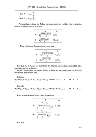 EST 220 – Estatística Experimental – I/2008
___________________________________________________________
103
Fator A →
K
A
mˆ i
Ai =
Fator B →
K
B
mˆ j
Bj =
Para realizar o teste de Tukey para comparar as médias dos níveis dos
fatores em teste temos que usar
∆ qα
A
K
sCombReQM
q (I;n*
)
B
K
)b(sReQM
q (J;n3)
Para o teste de Duncan temos que usar
Di zα
A
K
sCombReQM
iz (nA;n*
)
B
K
)b(sReQM
iz (nB;n3)
Em que nA e nB são os números de médias ordenadas abrangidas pelo
contraste sendo testados.
As hipóteses para os testes Tukey e Duncan para comparar as médias
dos níveis dos fatores são
Fator A:
H0 : mAi/Bj = mAu/Bj vs Ha : mAi/Bj ≠ mAu/Bj para i ≠ u = 1, 2, 3, ... , I e j = 1, 2, ... ,
J
Fator B:
H0 : mBj/Ai = mBu/Ai vs Ha : mBj/Ai ≠ mBu/Ai para j ≠ u = 1, 2, 3, ... , J e i = 1, 2, ... ,
I
Para a aplicação do teste t temos que usar
t ttab
A
∑=
−
I
1i
2
i
AA
a
K
sCombReQM
CCˆ
tα (n*
)
B
∑=
−
J
1j
2
j
BB
b
K
)b(sReQM
CCˆ
tα (n3)
Em que
 