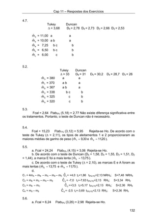 Cap 11 – Respostas dos Exercícios
132
4.7.
Tukey Duncan
∆ = 3,68 D5 = 2,78 D4 = 2,73 D3 = 2,66 D2 = 2,53
dmˆ = 11,00 a a
emˆ = 10,00 a b a
amˆ = 7,25 b c b
bmˆ = 6,50 b c b
cmˆ = 6,00 c b
5.2.
Tukey Duncan
∆ = 33 D6 = 31 D5 = 30,2 D4 = 28,7 D3 = 26
3mˆ = 380 a a
1mˆ = 370 a b a
6mˆ = 367 a b a
2mˆ = 338 b c b
5mˆ = 325 c b
4mˆ = 320 c b
5.3.
Fcal = 2,64 Ftab5% (5,18) = 2,77 Não existe diferença significativa entre
os tratamentos. Portanto, o teste de Duncan não é necessário.
5.4.
Fcal = 15,23 Ftab1% (3,12) = 5,95 Rejeita-se Ho. De acordo com o
teste de Tukey (∆ = 2,11), os tipos de aleitamentos 1 e 2 proporcionaram as
maiores médias de ganho de peso ( 30,9mˆ 1 = e 20,11mˆ 2 = ).
5.5.
a. Fcal = 24,24 Ftab5% (4,15) = 3,06 Rejeita-se Ho.
b. De acordo com o teste de Duncan (D5 = 1,58, D4 = 1,55, D3 = 1,51, D2
= 1,44), a marca E foi a mais lenta ( 75,13mˆ E = ).
c. De acordo com o teste de Tukey (∆ = 2,10), as marcas E e A foram as
mais lentas ( 75,13mˆ E = e 75,11mˆ A = ).
d.
C1 = 4mA – mB – mC – mD – mE 1Cˆ = +4,0 tc=1,86 t5%(15)=2,13 NRH0; S=7,48 NRH0
C2 = mB + mC – mD – mE 2Cˆ = -7,0 tc=-7,63 t5%(15)=2,13 RH0; S=3,34 RH0
C3 = mB – mC 3Cˆ =+3,5 tc=5,17 t5%(15)=2,13 RH0; S=2,36 RH0
C4 = mD – mE 4Cˆ = -2,5 tc=-3,69 t5%(15)=2,13 RH0; S=2,36 RH0
5.6.
a. Fcal = 6,24 Ftab5% (3,26) = 2,98 Rejeita-se Ho.
 