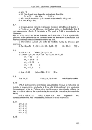 EST 220 – Estatística Experimental
135
a) V(c) = 0
b) C1 Não é contraste, logo não aplica teste de média
C2 = -30 S = 30,4 N RH0
c) Não se aplica o teste t, pois os contrastes não são ortogonais.
d) C= m1 + m2 – 2m3
6.7.
a) 5 vezes, pois o número de graus de liberdade para blocos é igual a 4.
b) Testa-se se há diferença significativa entre a durabilidade dos 4
microaspersores. Sendo F tabelado a 5% igual a 3,49 e enunciando as
hipóteses:
Ho: m1 = m2 = m3 = m4 vs Ha: Não Ho, verifica-se que o Fcal é significativo,
portanto existe pelo menos um contraste entre as médias de durabilidade dos
microaspersores estatisticamente diferente de zero.
c) Deveríamos aplicar um teste de médias; Tukey ou Duncan, por
exemplo.
d) Ex.: Scheffé C = 36 + 40 + 60 – 3x40 = 16 S = 35,45 NRH0
6.8.
a) Fcal = 37,7 Ftab5% (4,12) = 3,26
b) Duncan D5= 3,77 D4 = 3,74 D3 = 3,62 D2 = 3,45
Cmˆ = 25 a
Bmˆ = 24,75 a
Emˆ = 16,25 b
Dmˆ = 12 c
Amˆ = 10,2 c
c) tcal = 3,99 ttab5% (12) = 2,18 RHo
6.9.
Fcal = 4,20 Ftab1% (4,12) = 5,41 Não Rejeita-se Ho
6.10.
6.10.1. Delineamento em Blocos Casualizados. Porque o melhorista ao
instalar o experimento subdividiu a área total (heterogênea) em sub-áreas
(homogêneas) entre si. Pode-se dizer também que o pesquisador utillizou os
três princípios básicos da experimentação (repetição, casualização e controle
local).
6.10.2. Fcal = 2,02 Ftab5% (4,12) = 3,26 Não Rejeita-se Ho,
consequentemente, não é necessário proceder ao teste de Duncan.
6.11.
6.11.1. (c)
6.11.2. (h)
6.11.3. (c)
6.11.4. (c)
6.11.5. (d)
6.12.
 
