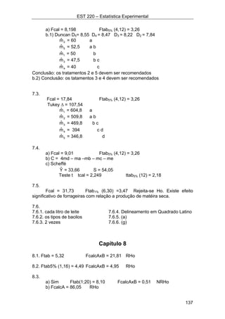 EST 220 – Estatística Experimental
137
a) Fcal = 8,198 Ftab5% (4,12) = 3,26
b.1) Duncan D5= 8,55 D4 = 8,47 D3 = 8,22 D2 = 7,84
2mˆ = 60 a
5mˆ = 52,5 a b
1mˆ = 50 b
3mˆ = 47,5 b c
4mˆ = 40 c
Conclusão: os tratamentos 2 e 5 devem ser recomendados
b.2) Conclusão: os tatamentos 3 e 4 devem ser recomendados
7.3.
Fcal = 17,84 Ftab5% (4,12) = 3,26
Tukey ∆ = 107,54
1mˆ = 604,8 a
2mˆ = 509,8 a b
3mˆ = 469,8 b c
4mˆ = 394 c d
5mˆ = 346,8 d
7.4.
a) Fcal = 9,01 Ftab5% (4,12) = 3,26
b) C = 4md – ma –mb – mc – me
c) Scheffé
Yˆ = 33,66 S = 54,05
Teste t tcal = 2,249 ttab5% (12) = 2,18
7.5.
Fcal = 31,73 Ftab1% (6,30) =3,47 Rejeita-se Ho. Existe efeito
significativo de forrageiras com relação a produção de matéira seca.
7.6.
7.6.1. cada litro de leite 7.6.4. Delineamento em Quadrado Latino
7.6.2. os tipos de bacilos 7.6.5. (a)
7.6.3. 2 vezes 7.6.6. (g)
Capítulo 8
8.1. Ftab = 5,32 FcalcAxB = 21,81 RHo
8.2. Ftab5% (1,16) = 4,49 FcalcAxB = 4,95 RHo
8.3.
a) Sim Ftab(1;20) = 8,10 FcalcAxB = 0,51 NRHo
b) FcalcA = 86,05 RHo
 