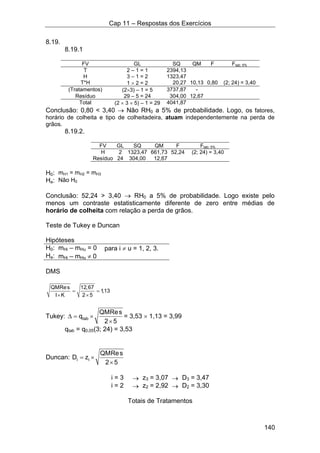 Cap 11 – Respostas dos Exercícios
140
8.19.
8.19.1
FV GL SQ QM F Ftab; 5%
T 2 – 1 = 1 2394,13
H 3 – 1 = 2 1323,47
T*H 1 × 2 = 2 20,27 10,13 0,80 (2; 24) = 3,40
(Tratamentos) (2×3) – 1 = 5 3737,87 -
Resíduo 29 – 5 = 24 304,00 12,67
Total (2 × 3 × 5) – 1 = 29 4041,87
Conclusão: 0,80 < 3,40 → Não RH0 a 5% de probabilidade. Logo, os fatores,
horário de colheita e tipo de colheitadeira, atuam independentemente na perda de
grãos.
8.19.2.
FV GL SQ QM F Ftab; 5%
H 2 1323,47 661,73 52,24 (2; 24) = 3,40
Resíduo 24 304,00 12,67
H0: mH1 = mH2 = mH3
Ha: Não H0
Conclusão: 52,24 > 3,40 → RH0 a 5% de probabilidade. Logo existe pelo
menos um contraste estatisticamente diferente de zero entre médias de
horário de colheita com relação a perda de grãos.
Teste de Tukey e Duncan
Hipóteses
H0: mHi – mHu = 0 para i ≠ u = 1, 2, 3.
Ha: mHi – mHu ≠ 0
DMS
QMRes 12,67
1,13
I K 2 5
= =
× ×
Tukey: tab
QMRes
q
2 5
∆ = ×
×
= 3,53 × 1,13 = 3,99
qtab = q0,05(3; 24) = 3,53
Duncan: i i
QMRes
D z
2 5
= ×
×
i = 3 → z3 = 3,07 → D3 = 3,47
i = 2 → z2 = 2,92 → D2 = 3,30
Totais de Tratamentos
 