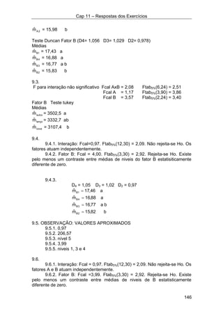 Cap 11 – Respostas dos Exercícios
146
2Amˆ = 15,98 b
Teste Duncan Fator B (D4= 1,056 D3= 1,029 D2= 0,978)
Médias
1Bmˆ = 17,43 a
4Bmˆ = 16,88 a
3Bmˆ = 16,77 a b
2Bmˆ = 15,83 b
9.3.
F para interação não significativo Fcal AxB = 2,08 Ftab5%(6,24) = 2,51
Fcal A = 1,17 Ftab5%(3,90) = 3,86
Fcal B = 3,57 Ftab5%(2,24) = 3,40
Fator B Teste tukey
Médias
sulcomˆ = 3502,5 a
lançomˆ = 3332,7 ab
covamˆ = 3107,4 b
9.4.
9.4.1. Interação: Fcal=0,97. Ftab5%(12,30) = 2,09. Não rejeita-se Ho. Os
fatores atuam independentemente.
9.4.2. Fator B: Fcal = 4,00. Ftab5%(3,30) = 2,92. Rejeita-se Ho. Existe
pelo menos um contraste entre médias de niveis do fator B estatisiticamente
diferente de zero.
9.4.3.
D4 = 1,05 D3 = 1,02 D2 = 0,97
b82,15mˆ
ba77,16mˆ
a88,16mˆ
a46,17mˆ
2B
3B
4B
1B
=
=
=
=
9.5. OBSERVAÇÃO: VALORES APROXIMADOS
9.5.1. 0,97
9.5.2. 206,57
9.5.3. nível 5
9.5.4. 3,99
9.5.5. niveis 1, 3 e 4
9.6.
9.6.1. Interação: Fcal = 0,97. Ftab5%(12,30) = 2,09. Não rejeita-se Ho. Os
fatores A e B atuam independentemente.
9.6.2. Fator B: Fcal =3,99. Ftab5%(3,30) = 2,92. Rejeita-se Ho. Existe
pelo menos um contraste entre médias de niveis de B estatisticamente
diferente de zero.
 