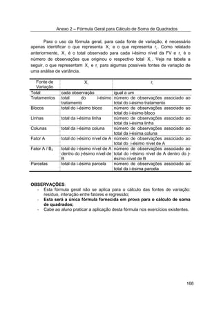 Anexo 2 – Fórmula Geral para Cálculo de Soma de Quadrados
168
Para o uso da fórmula geral, para cada fonte de variação, é necessário
apenas identificar o que representa iX e o que representa ir . Como relatado
anteriormente, iX é o total observado para cada i-ésimo nível da FV e ir é o
número de observações que originou o respectivo total iX . Veja na tabela a
seguir, o que representam iX e ir para algumas possíveis fontes de variação de
uma análise de variância.
Fonte de
Variação
iX ir
Total cada observação igual a um
Tratamentos total do i-ésimo
tratamento
número de observações associado ao
total do i-ésimo tratamento
Blocos total do i-ésimo bloco número de observações associado ao
total do i-ésimo bloco
Linhas total da i-ésima linha número de observações associado ao
total da i-ésima linha
Colunas total da i-ésima coluna número de observações associado ao
total da i-ésima coluna
Fator A total do i-ésimo nível de A número de observações associado ao
total do i-ésimo nível de A
Fator A / BJ total do i-ésimo nível de A
dentro do j-ésimo nível de
B
número de observações associado ao
total do i-ésimo nível de A dentro do j-
ésimo nível de B
Parcelas total da i-ésima parcela número de observações associado ao
total da i-ésima parcela
OBSERVAÇÕES:
- Esta fórmula geral não se aplica para o cálculo das fontes de variação:
resíduo, interação entre fatores e regressão;
- Esta será a única fórmula fornecida em prova para o cálculo de soma
de quadrados;
- Cabe ao aluno praticar a aplicação desta fórmula nos exercícios existentes.
 