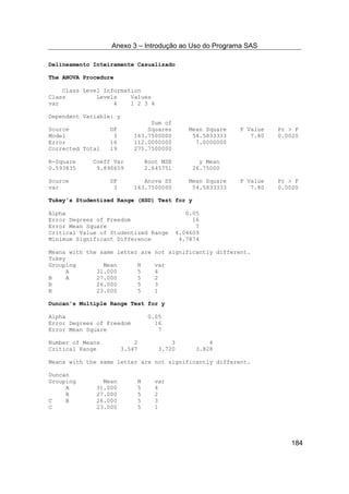 Anexo 3 – Introdução ao Uso do Programa SAS
184
Delineamento Inteiramente Casualizado
The ANOVA Procedure
Class Level Information
Class Levels Values
var 4 1 2 3 4
Dependent Variable: y
Sum of
Source DF Squares Mean Square F Value Pr > F
Model 3 163.7500000 54.5833333 7.80 0.0020
Error 16 112.0000000 7.0000000
Corrected Total 19 275.7500000
R-Square Coeff Var Root MSE y Mean
0.593835 9.890659 2.645751 26.75000
Source DF Anova SS Mean Square F Value Pr > F
var 3 163.7500000 54.5833333 7.80 0.0020
Tukey's Studentized Range (HSD) Test for y
Alpha 0.05
Error Degrees of Freedom 16
Error Mean Square 7
Critical Value of Studentized Range 4.04609
Minimum Significant Difference 4.7874
Means with the same letter are not significantly different.
Tukey
Grouping Mean N var
A 31.000 5 4
B A 27.000 5 2
B 26.000 5 3
B 23.000 5 1
Duncan's Multiple Range Test for y
Alpha 0.05
Error Degrees of Freedom 16
Error Mean Square 7
Number of Means 2 3 4
Critical Range 3.547 3.720 3.828
Means with the same letter are not significantly different.
Duncan
Grouping Mean N var
A 31.000 5 4
B 27.000 5 2
C B 26.000 5 3
C 23.000 5 1
 