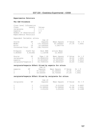 EST 220 – Estatística Experimental – I/2008
187
Experimentos Fatoriais
The GLM Procedure
Class Level Information
Class Levels Values
recipiente 3 1 2 3
especie 2 1 2
Number of observations 24
Experimentos Fatoriais
Dependent Variable: altura
Sum of
Source DF Squares Mean Square F Value Pr > F
Model 5 175.7033333 35.1406667 27.39 <.0001
Error 18 23.0900000 1.2827778
Corrected Total 23 198.7933333
R-Square Coeff Var Root MSE altura Mean
0.883849 4.931485 1.132598 22.96667
Source DF Type I SS Mean Square F Value Pr > F
recipiente 2 92.86083333 46.43041667 36.20 <.0001
especie 1 19.08166667 19.08166667 14.88 0.0012
recipiente*especie 2 63.76083333 31.88041667 24.85 <.0001
recipiente*especie Effect Sliced by especie for altura
Sum of
especie DF Squares Mean Square F Value Pr > F
1 2 87.121667 43.560833 33.96 <.0001
2 2 69.500000 34.750000 27.09 <.0001
recipiente*especie Effect Sliced by recipiente for altura
Sum of
recipiente DF Squares Mean Square F Value Pr > F
1 1 0.211250 0.211250 0.16 0.6897
2 1 79.380000 79.380000 61.88 <.0001
3 1 3.251250 3.251250 2.53 0.1288
 