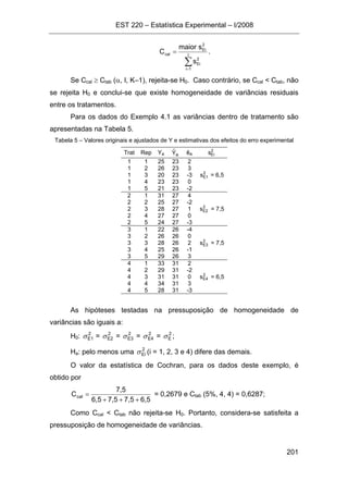 EST 220 – Estatística Experimental – I/2008
201
∑=
= I
1i
2
Ei
2
Ei
cal
s
smaior
C .
Se Ccal ≥ Ctab (α, I, K–1), rejeita-se H0. Caso contrário, se Ccal < Ctab, não
se rejeita H0 e conclui-se que existe homogeneidade de variâncias residuais
entre os tratamentos.
Para os dados do Exemplo 4.1 as variâncias dentro de tratamento são
apresentadas na Tabela 5.
Tabela 5 – Valores originais e ajustados de Y e estimativas dos efeitos do erro experimental
Trat Rep Yik ikYˆ êik
2
Eis
1 1 25 23 2
2
E1s = 6,5
1 2 26 23 3
1 3 20 23 -3
1 4 23 23 0
1 5 21 23 -2
2 1 31 27 4
2
E2s = 7,5
2 2 25 27 -2
2 3 28 27 1
2 4 27 27 0
2 5 24 27 -3
3 1 22 26 -4
2
E3s = 7,5
3 2 26 26 0
3 3 28 26 2
3 4 25 26 -1
3 5 29 26 3
4 1 33 31 2
2
E4s = 6,5
4 2 29 31 -2
4 3 31 31 0
4 4 34 31 3
4 5 28 31 -3
As hipóteses testadas na pressuposição de homogeneidade de
variâncias são iguais a:
H0: 2
E1σ = 2
E2σ = 2
E3σ = 2
E4σ = 2
Eσ ;
Ha: pelo menos uma 2
Eiσ (i = 1, 2, 3 e 4) difere das demais.
O valor da estatística de Cochran, para os dados deste exemplo, é
obtido por
6,57,57,56,5
7,5
Ccal
+++
= = 0,2679 e Ctab (5%, 4, 4) = 0,6287;
Como Ccal < Ctab não rejeita-se H0. Portanto, considera-se satisfeita a
pressuposição de homogeneidade de variâncias.
 